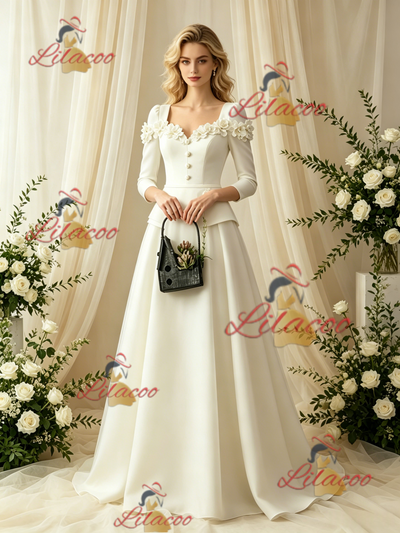Ivory Long Sleeve Satin Flower Wedding Dress