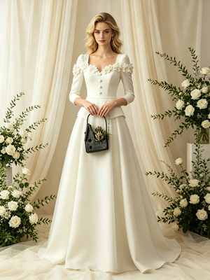 Ivory Long Sleeve Satin Flower Wedding Dress
