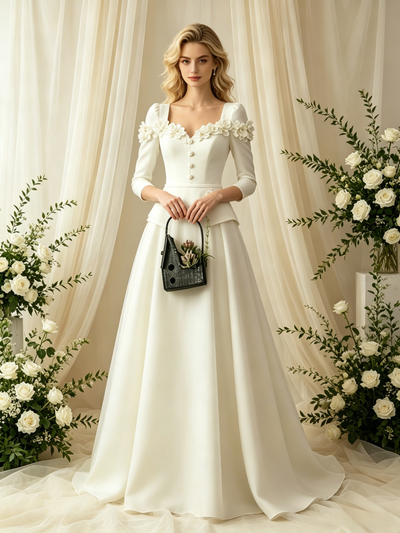 Ivory Long Sleeve Satin Flower Wedding Dress