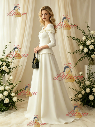 Ivory Long Sleeve Satin Flower Wedding Dress