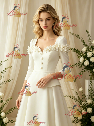 Ivory Long Sleeve Satin Flower Wedding Dress