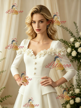 Ivory Long Sleeve Satin Flower Wedding Dress