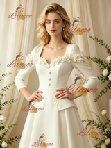 Ivory Long Sleeve Satin Flower Wedding Dress