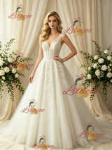 Beige White Tulle Appliques Wedding Dress