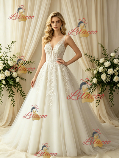 Beige White Tulle Appliques Wedding Dress