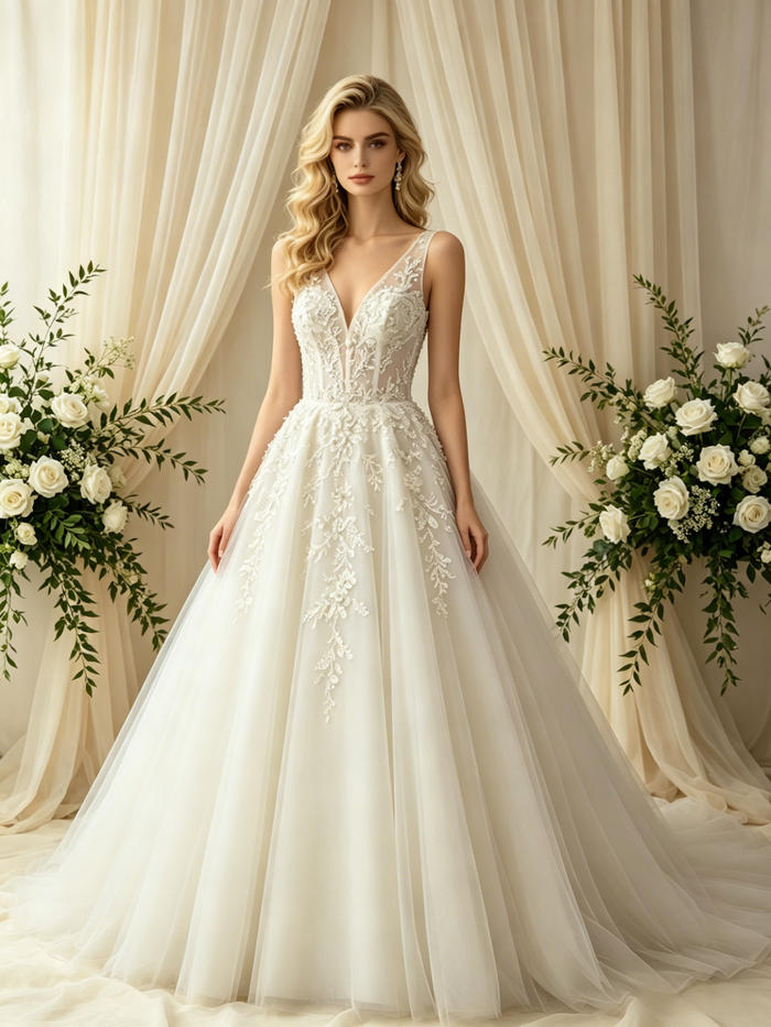 Beige White Tulle Appliques Wedding Dress
