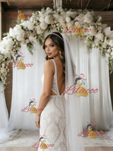 White Mermaid Lace V-neck Backless Wedding Dress