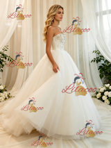 White Tulle Strapless Beading Wedding Dress