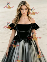 Black Tulle Off the Shoulder Appliques Wedding Dress