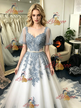 Tulle Lace Appliques Puff Sleeve Prom Dress