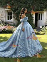Blue Tulle 3D Appliques Long Sleeve Quinceanera Dress