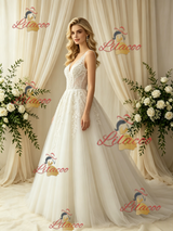 Beige White Tulle Appliques Wedding Dress