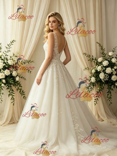 Beige White Tulle Appliques Wedding Dress