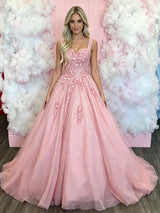 Pink Tulle Straps Appliques Prom Dress