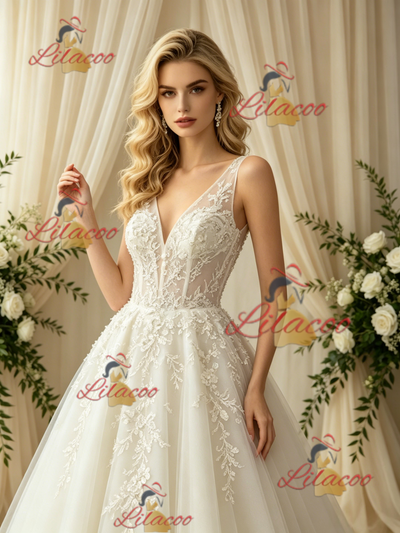 Beige White Tulle Appliques Wedding Dress