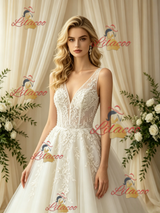 Beige White Tulle Appliques Wedding Dress