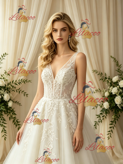 Beige White Tulle Appliques Wedding Dress