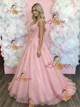 Pink Tulle Straps Appliques Prom Dress