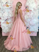 Pink Tulle Straps Appliques Prom Dress