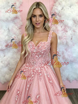 Pink Tulle Straps Appliques Prom Dress