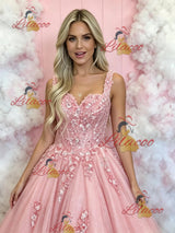 Pink Tulle Straps Appliques Prom Dress