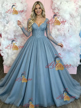 Blue Tulle Long Sleeve V-neck Prom Dress