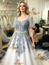 Tulle Lace Appliques Puff Sleeve Prom Dress
