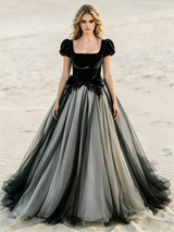 Black Tulle Puff Sleeve Appliques Wedding Dress