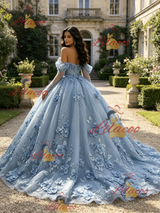 Blue Tulle 3D Appliques Long Sleeve Quinceanera Dress