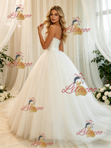 White Tulle Strapless Beading Wedding Dress
