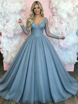 Blue Tulle Long Sleeve V-neck Prom Dress