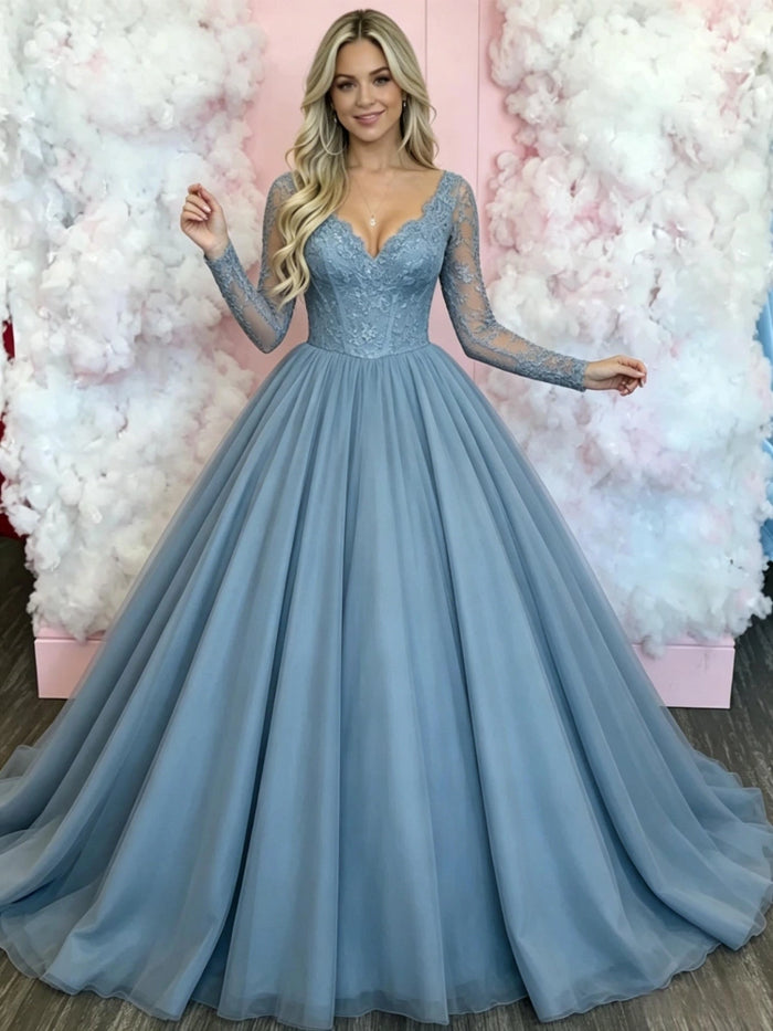Blue Tulle Long Sleeve V-neck Prom Dress