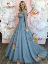 Blue Tulle Long Sleeve V-neck Prom Dress