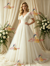 Ivory Tulle V-neck Puff Sleeve Wedding Dress