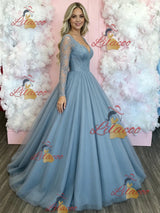 Blue Tulle Long Sleeve V-neck Prom Dress
