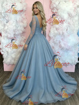 Blue Tulle Long Sleeve V-neck Prom Dress