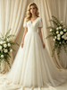Ivory Tulle V-neck Puff Sleeve Wedding Dress