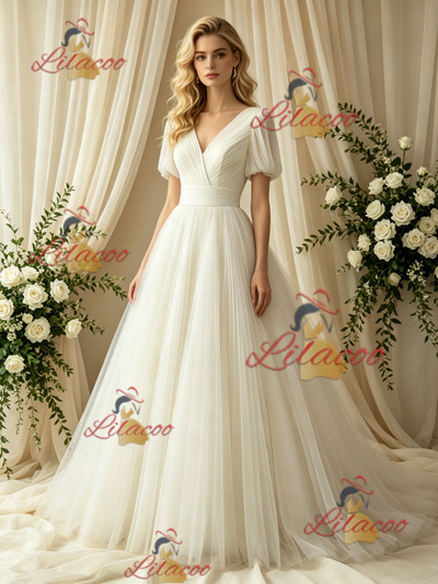 Ivory Tulle V-neck Puff Sleeve Wedding Dress