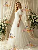 Ivory Tulle V-neck Puff Sleeve Wedding Dress
