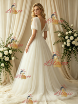 Ivory Tulle V-neck Puff Sleeve Wedding Dress