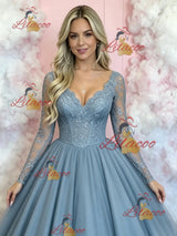 Blue Tulle Long Sleeve V-neck Prom Dress