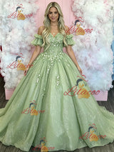 Green Tulle Appliques Strapless Prom Dress