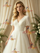 Ivory Tulle V-neck Puff Sleeve Wedding Dress