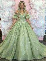 Green Tulle Appliques Strapless Prom Dress