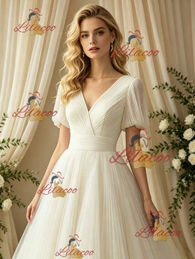 Ivory Tulle V-neck Puff Sleeve Wedding Dress