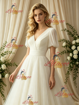 Ivory Tulle V-neck Puff Sleeve Wedding Dress