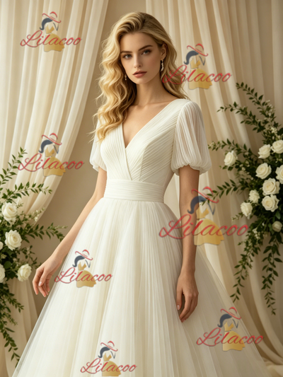 Ivory Tulle V-neck Puff Sleeve Wedding Dress
