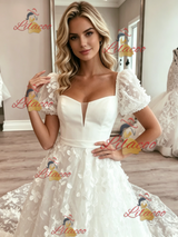 White Tulle Lace Puff Sleeve Wedding Dress