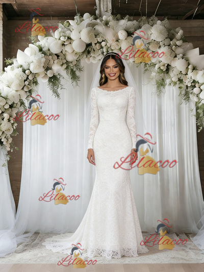 White Mermaid Lace Long Sleeve Wedding Dress
