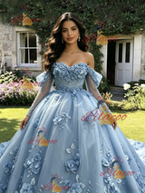 Blue Tulle 3D Appliques Long Sleeve Quinceanera Dress